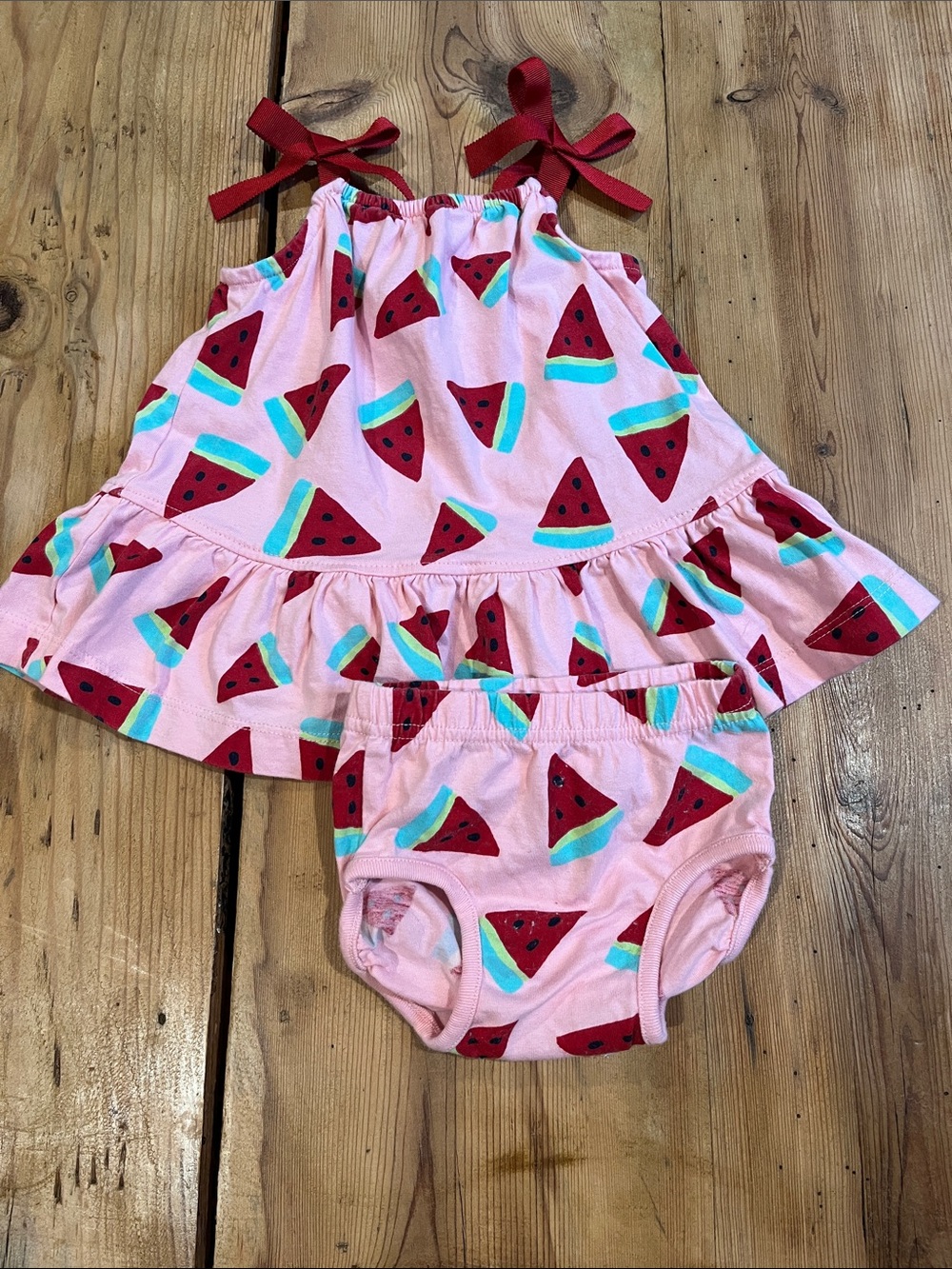 Set/2 HANNA ANDERSSON 60 Pink Watermelon Print Dress w/Diaper Cover Bows Organic